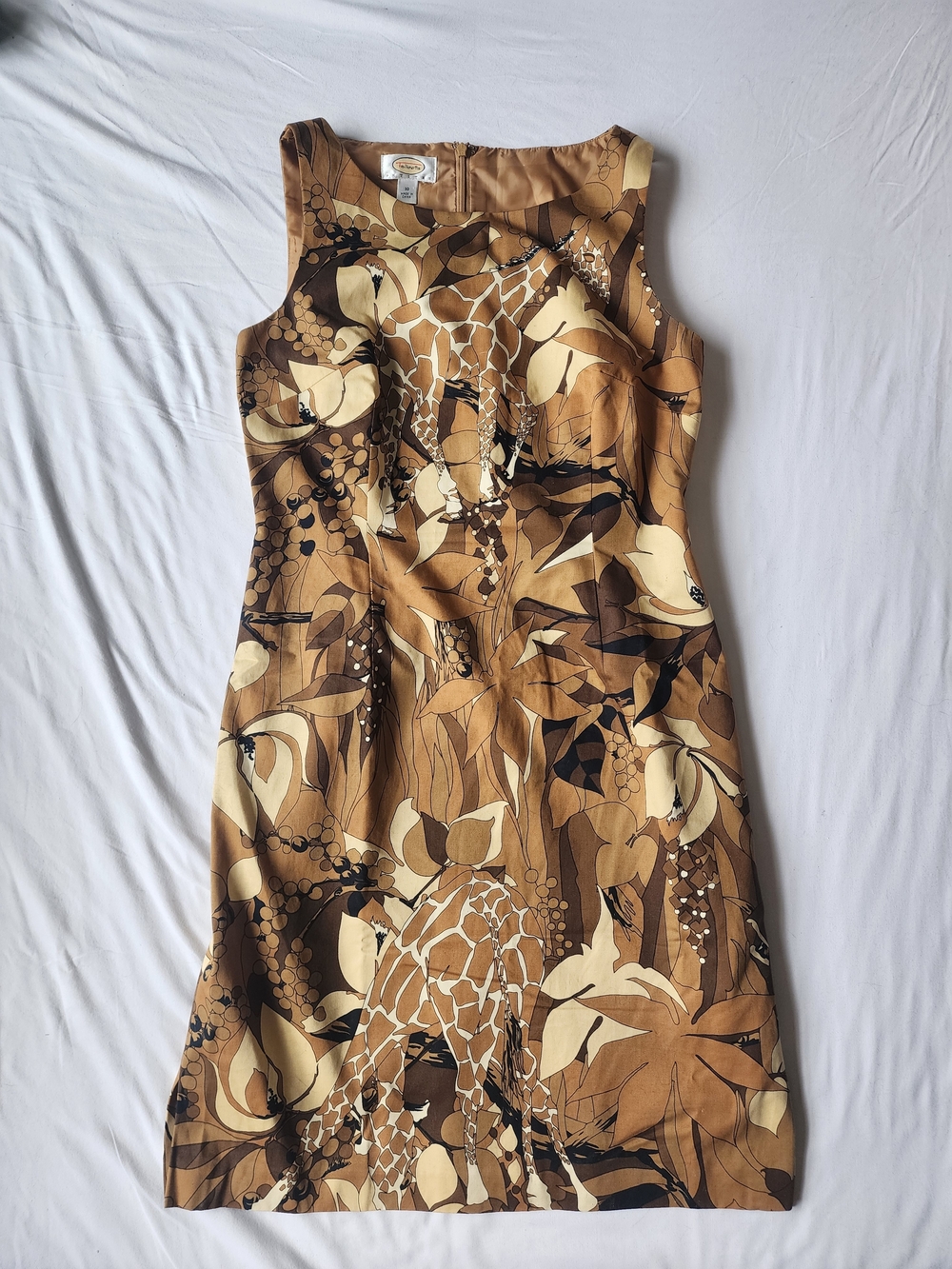 Talbots Petites Patterned Yellow and Brown Floral and Giraffe Print Dress
